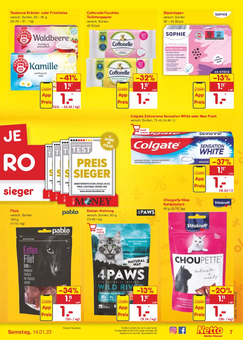 Aktueller Prospekt Netto Marken-Discount - Filial-Angebote - von 09.01 bis 14.01.2023 - strona 7 - produkty: angebot, bestpreis, colgate, cottonelle, creme, eis, elle, feuchtes toilettenpapier, filet, filets, früchte, Früchtetee, Käse, katzensnack, kräuter, LG, Max Fresh, papier, reis, slip, slipeinlagen, snack, tee, teekanne, Ti, toilettenpapier, zahncreme, ZTE