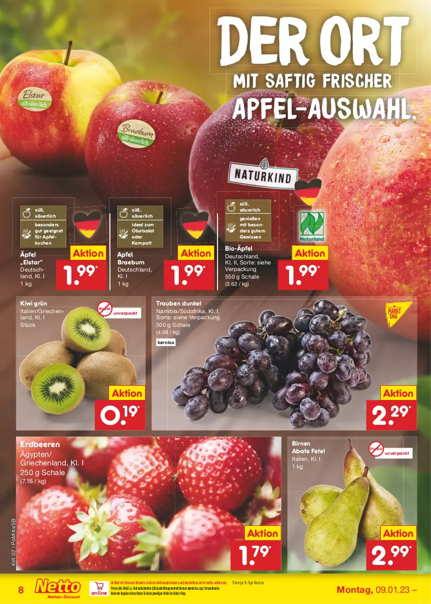 Aktueller Prospekt Netto Marken-Discount - Filial-Angebote - von 09.01 bis 14.01.2023 - strona 8 - produkty: apfel, Apfelkuchen, asti, beere, beeren, bestpreis, bio, Birnen, eis, erdbeere, erdbeeren, kiwi, kuchen, ndk, obst, reis, saft, salat, Schal, Schale, Ti, trauben