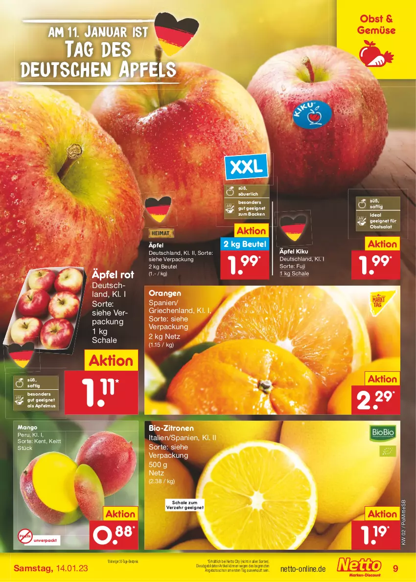 Aktueller Prospekt Netto Marken-Discount - Filial-Angebote - von 09.01 bis 14.01.2023 - strona 9 - produkty: angebot, apfel, apfelmus, asti, bestpreis, beutel, bio, bio-zitronen, eis, mango, obst, orange, orangen, reis, saft, salat, Schal, Schale, Ti, zitrone, zitronen, ZTE