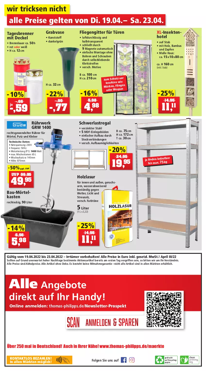 Aktueller Prospekt Thomas Philipps - Prospektwerbung - von 15.04 bis 23.04.2022 - strona 12 - produkty: abholpreise, alle preise sind abholpreise, angebot, angebote, auer, auto, bambus, Bau, Clin, decke, Deckel, eis, fliegengitter, Handy, Holz, holzlasur, kleber, LG, Liege, papier, pril, regal, reifen, reis, rwe, salz, schrauben, schwerlastregal, sekt, Ti, tisch, Vase, wasser