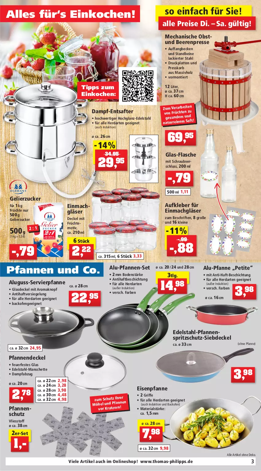 Aktueller Prospekt Thomas Philipps - Prospektwerbung - von 15.04 bis 23.04.2022 - strona 3 - produkty: Abfalleimer, auer, Aufkleber, backofen, Bau, baumwolle, beere, beeren, beutel, bügel, Bügeleisen, Clin, decke, Deckel, edelstahl, Edelstahl-Pfanne, eimer, eis, Entsafter, flasche, früchte, früchten, gelierzucker, geschirr, geschirrtücher, Glasdeckel, Gläser, herdarten, hochglanz, hocker, Holz, kleber, korb, küche, lack, latte, leimer, leine, LG, mac, Make-up, massivholz, möbel, molto, natur, obst, Ofen, pfanne, pfannen, pfannen-set, reis, Ria, rwe, saft, schnäppchen, schneidebrett, schoko, schokolade, Spritzschutz, staubsauger, staubsaugerbeutel, Ti, Tiere, tisch, trinkglas, tücher, werkzeug, wolle, zucker