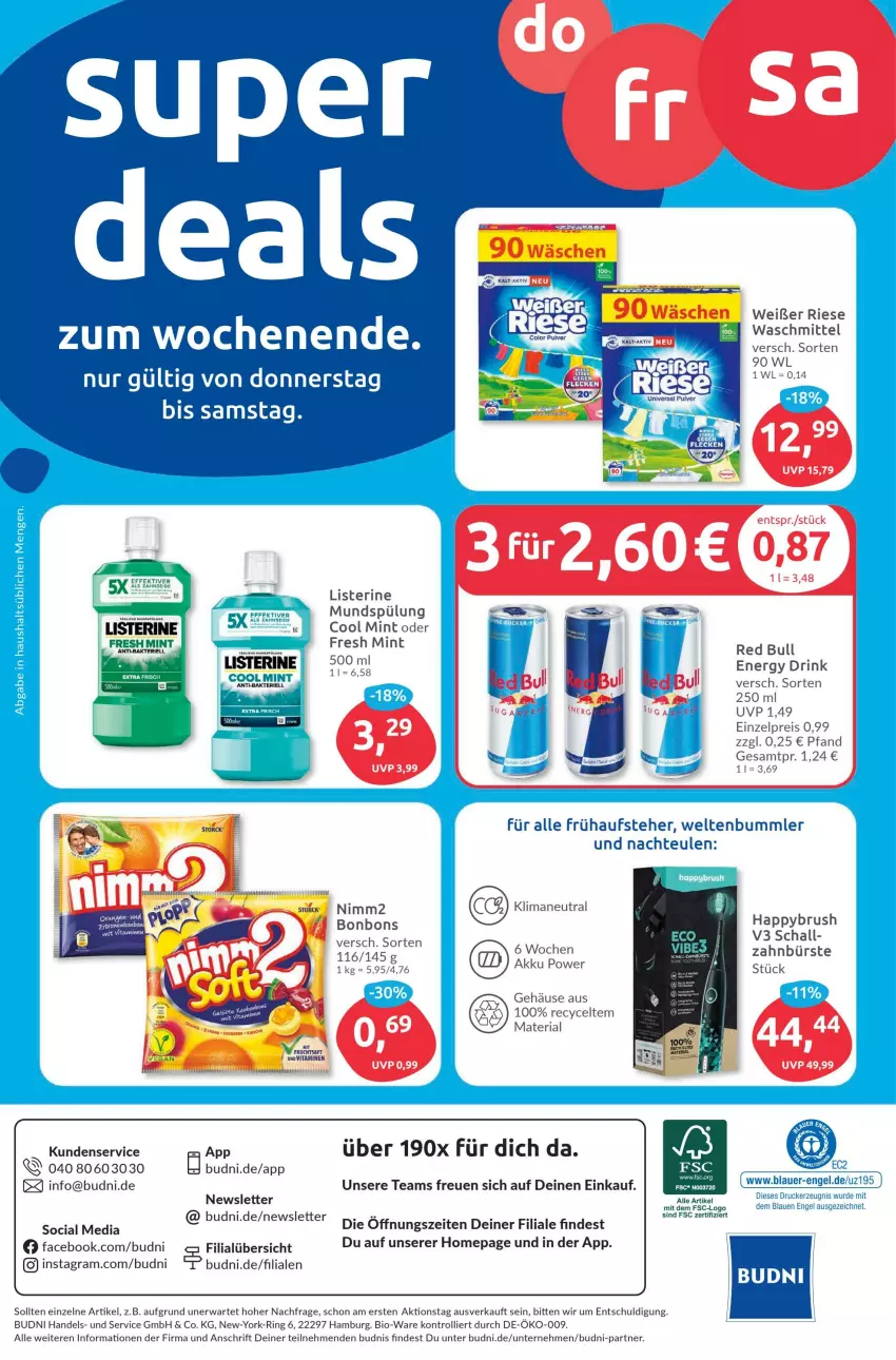 Aktueller Prospekt Budni - Prospekte - von 28.08 bis 02.09.2023 - strona 8 - produkty: akku, auer, bio, bonbons, bürste, drink, drucker, eis, energy drink, Engel, frucht, fruchtsaft, kerze, listerine, mint, mundspülung, Omep, red bull, reis, Ria, ring, saft, Schal, spülung, Ti, trolli, vita, Vitamine, waschmittel, Yo, zahnbürste