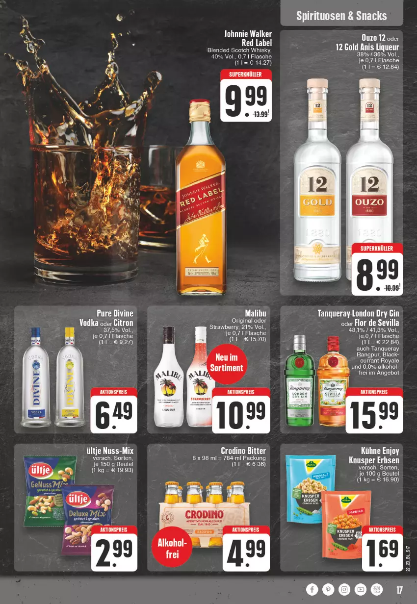 Aktueller Prospekt Edeka - Angebote der Woche - von 29.05 bis 03.06.2023 - strona 17 - produkty: aktionspreis, alkohol, angebot, beutel, Currant, dry gin, eis, ente, erbsen, flasche, gin, johnnie walker, Kühne, lack, liqueur, london dry, london dry gin, Malibu, reis, snack, snacks, spirituosen, Stier, Tanqueray, tee, Ti