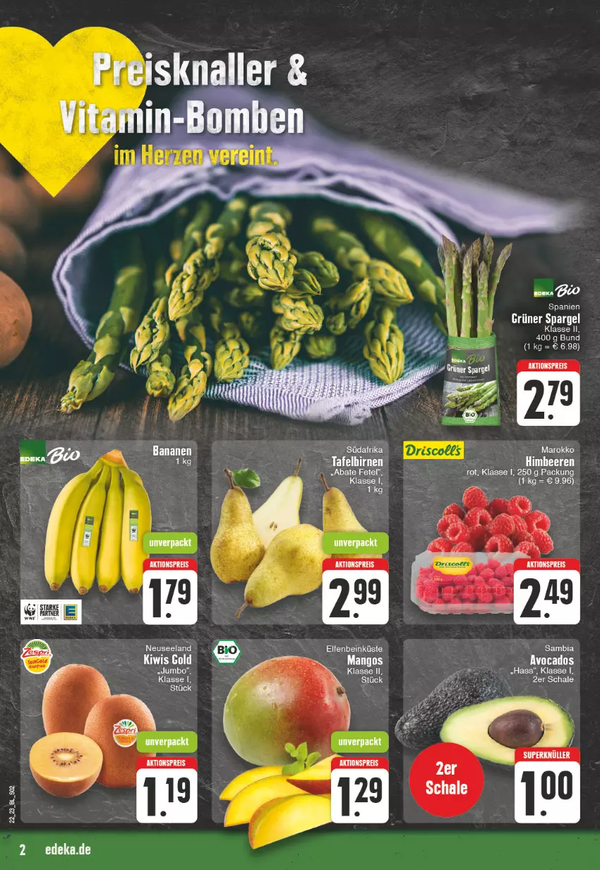 Aktueller Prospekt Edeka - Angebote der Woche - von 29.05 bis 03.06.2023 - strona 2 - produkty: aktionspreis, ambia, avocado, avocados, banane, bananen, bio, Birnen, eis, Elan, grüner spargel, jumbo, mango, mangos, reis, spargel, tafelbirnen, Ti