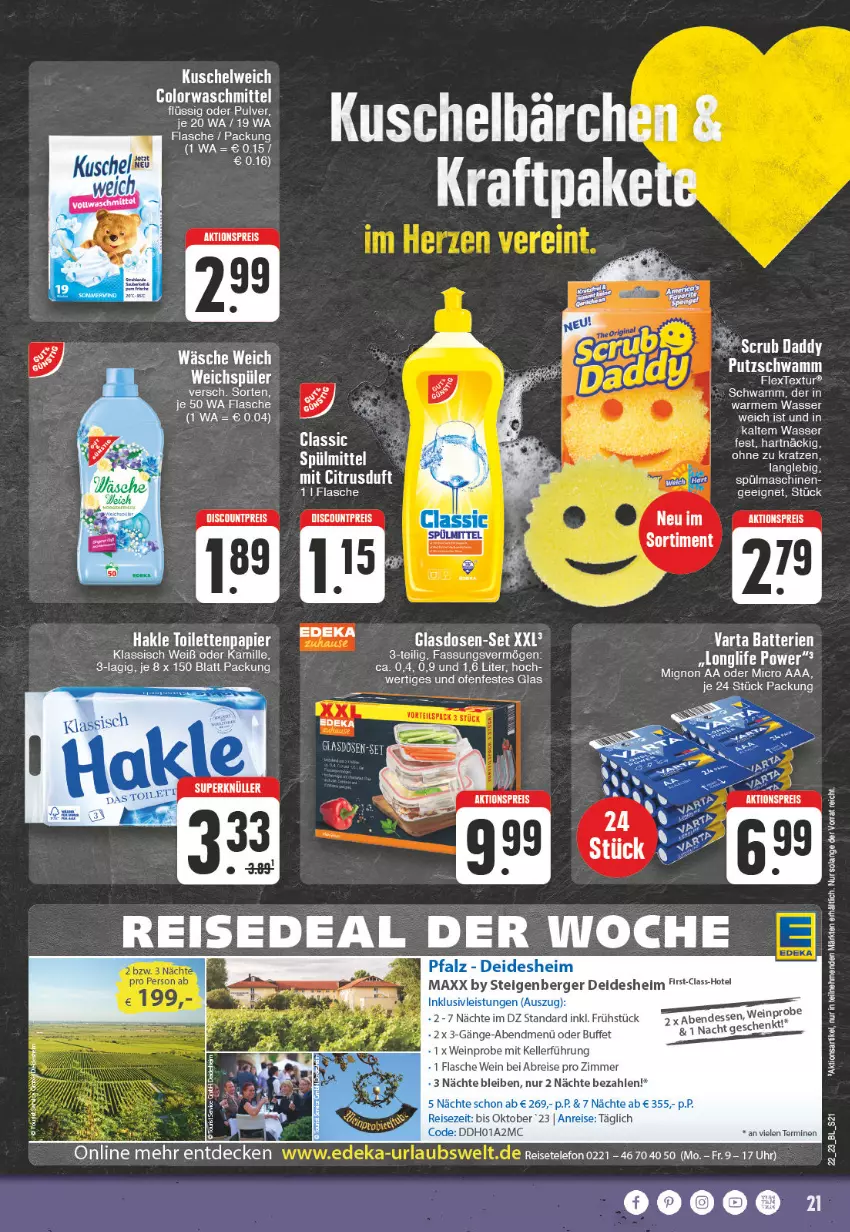 Aktueller Prospekt Edeka - Angebote der Woche - von 29.05 bis 03.06.2023 - strona 21 - produkty: aktionspreis, batterie, batterien, Berger, Brei, citrus, colorwaschmittel, decke, discount, eis, elle, flasche, hakle, hakle toilettenpapier, Kamill, kamille, kraft, longlife, Ofen, papier, reis, schwamm, spülmaschinen, spülmittel, telefon, Ti, toilettenpapier, uhr, varta, waschmittel, wasser, weichspüler, wein