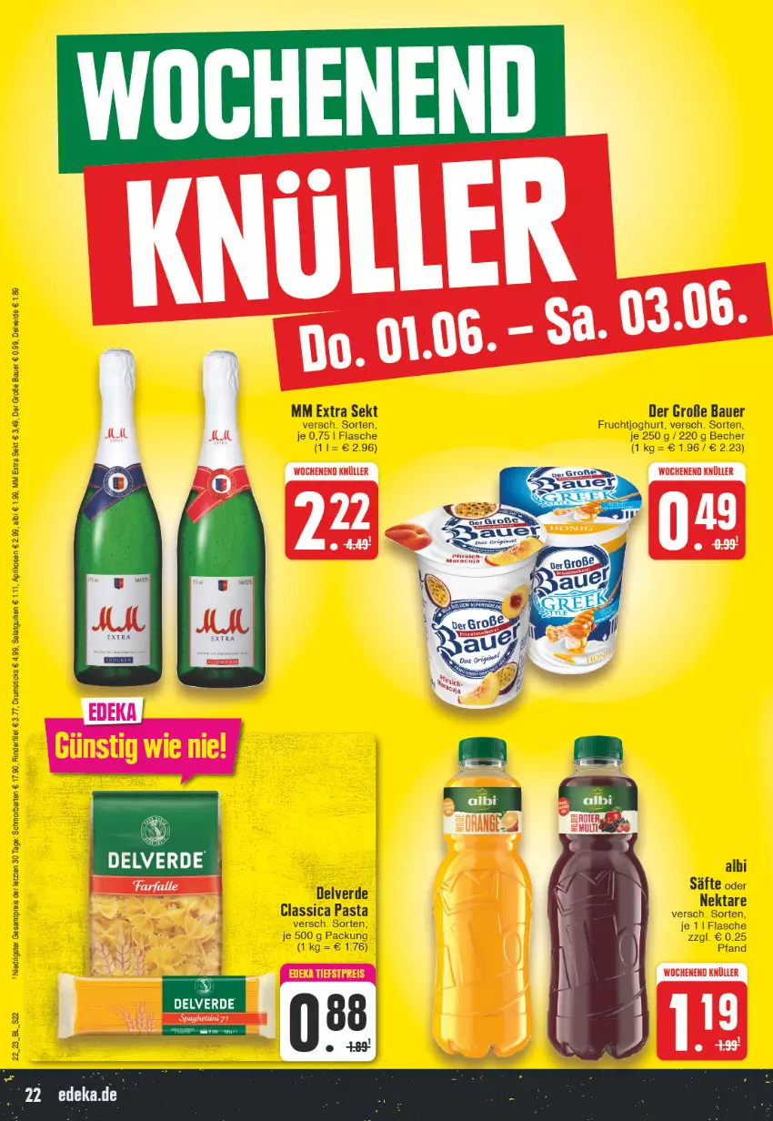 Aktueller Prospekt Edeka - Angebote der Woche - von 29.05 bis 03.06.2023 - strona 22 - produkty: aprikose, aprikosen, auer, Bau, Bauer, Becher, erde, flasche, frucht, fruchtjoghurt, gurke, gurken, joghur, joghurt, mm extra, Nektar, pasta, rind, rinder, rum, säfte, salat, Salatgurke, salatgurken, sekt, Ti