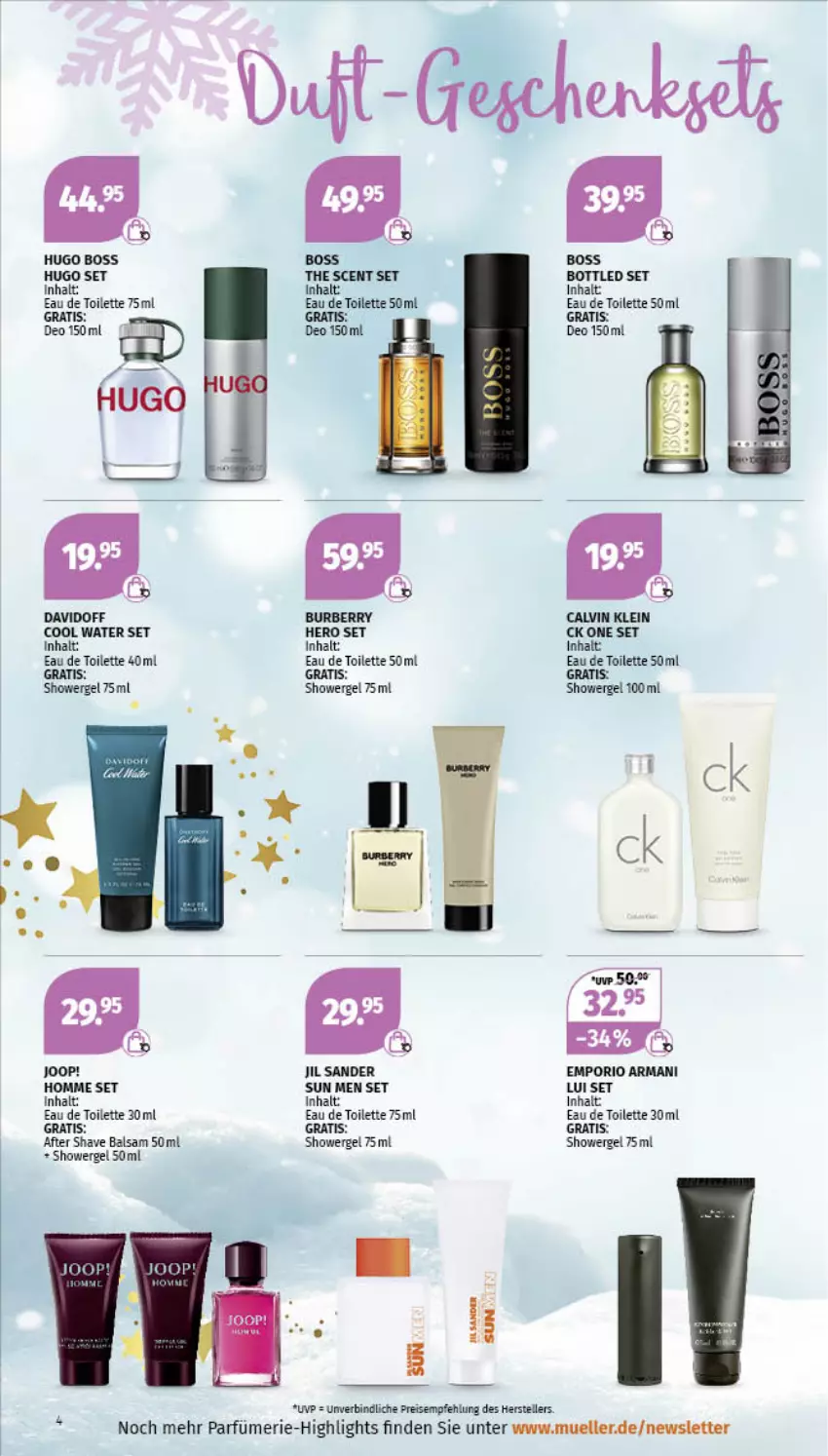 Aktueller Prospekt Mueller - Parfümerie Angebote - von 14.11 bis 26.11.2022 - strona 4 - produkty: after shave, balsam, boss, Burberry, calvin klein, davidoff, deo, eau de toilette, eau de toilette 50 ml, eis, elle, Emporio Armani, hero, hugo, hugo boss, jil sander, reis, teller, Ti