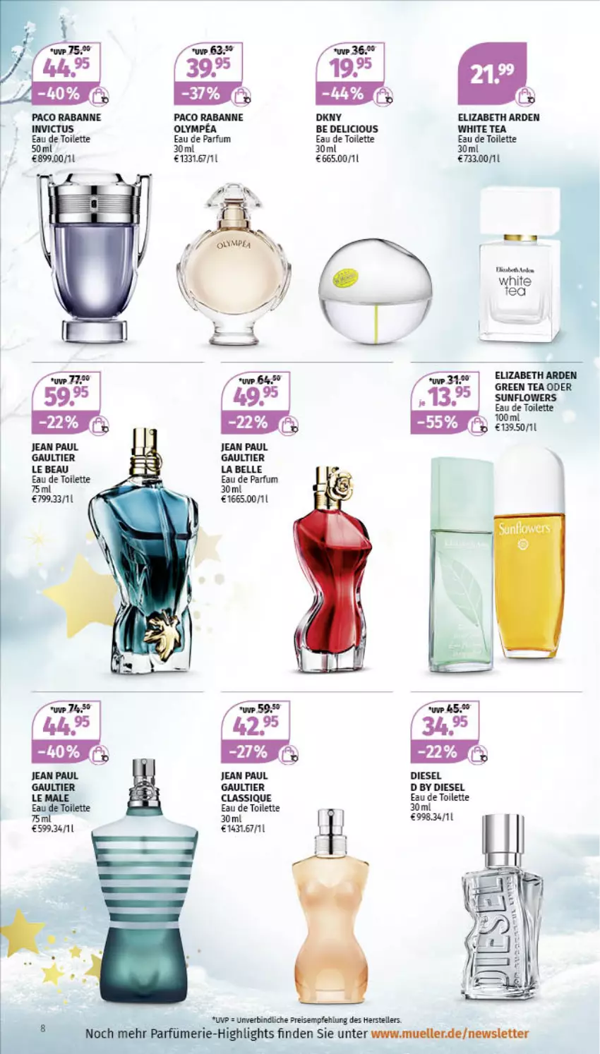 Aktueller Prospekt Mueller - Parfümerie Angebote - von 14.11 bis 26.11.2022 - strona 8 - produkty: Diesel, Eau de parfum, eau de toilette, eau de toilette 50 ml, eis, Elizabeth Arden, elle, Flowers, green tea, Jean Paul Gaultier, parfum, reis, teller, Ti