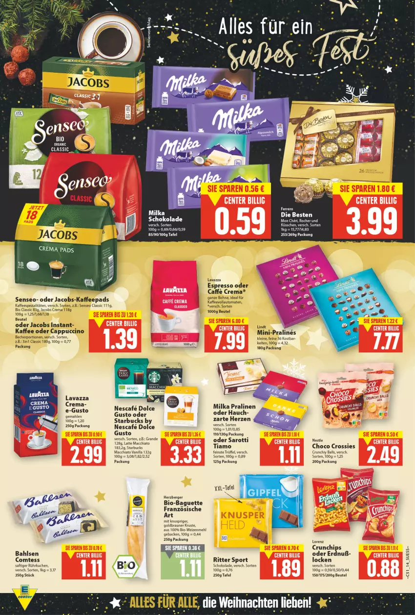 Aktueller Prospekt E Center - Angebote der Woche - von 20.12 bis 25.12.2021 - strona 13 - produkty: ACC, auto, baguette, bahlsen, ball, Becher, Berger, beutel, bio, bohne, braun, caffe, Cap, cappuccino, chia, chips, cin, classico, comtess, crema pads, crunchips, espresso, espresso oder, geback, herzberger, jacobs, Jacobs Crema, kaffee, kaffeepads, kaffeespezialitäten, kaffeevollautomat, kaffeevollautomaten, kuchen, latte, latte macchiato, lavazza, leine, lindt, mac, macchiato, mehl, milka, nescafe, oder cappuccino, oder jacobs, pralinen, ritter, ritter sport, saft, saro, sarotti, schoko, schokolade, senseo, Spezi, Sport, starbucks, Ti, tomate, tomaten, Trüffel, vollautomaten, weizenmehl