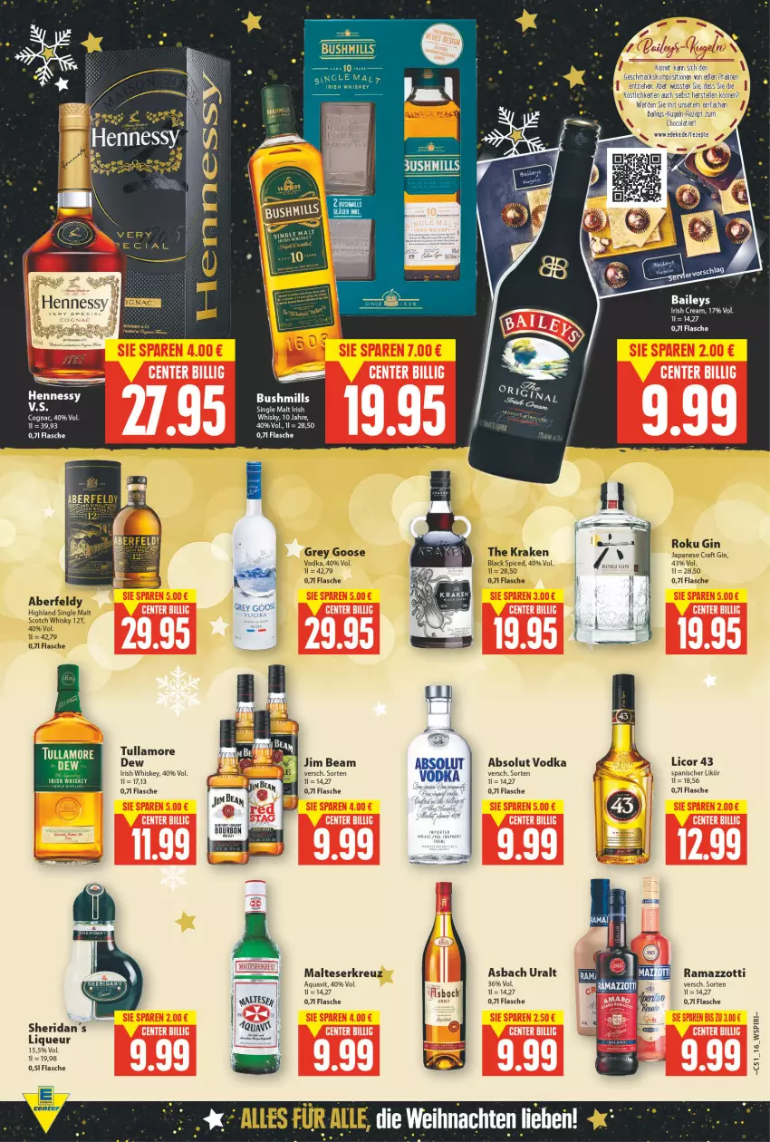 Aktueller Prospekt E Center - Angebote der Woche - von 20.12 bis 25.12.2021 - strona 15 - produkty: Absolut Vodka, aqua, aquavit, baileys, cola, elle, erde, flasche, gin, irish cream, irish whiskey, jim beam, kentucky straight, Kugel, lack, licor, licor 43, likör, liqueur, mac, malteser, pralinen, rama, ramazzott, ramazzotti, rezept, scotch, scotch whisky, single malt, Ti, tuc, tullamore, vodka, whiskey, whisky, zott