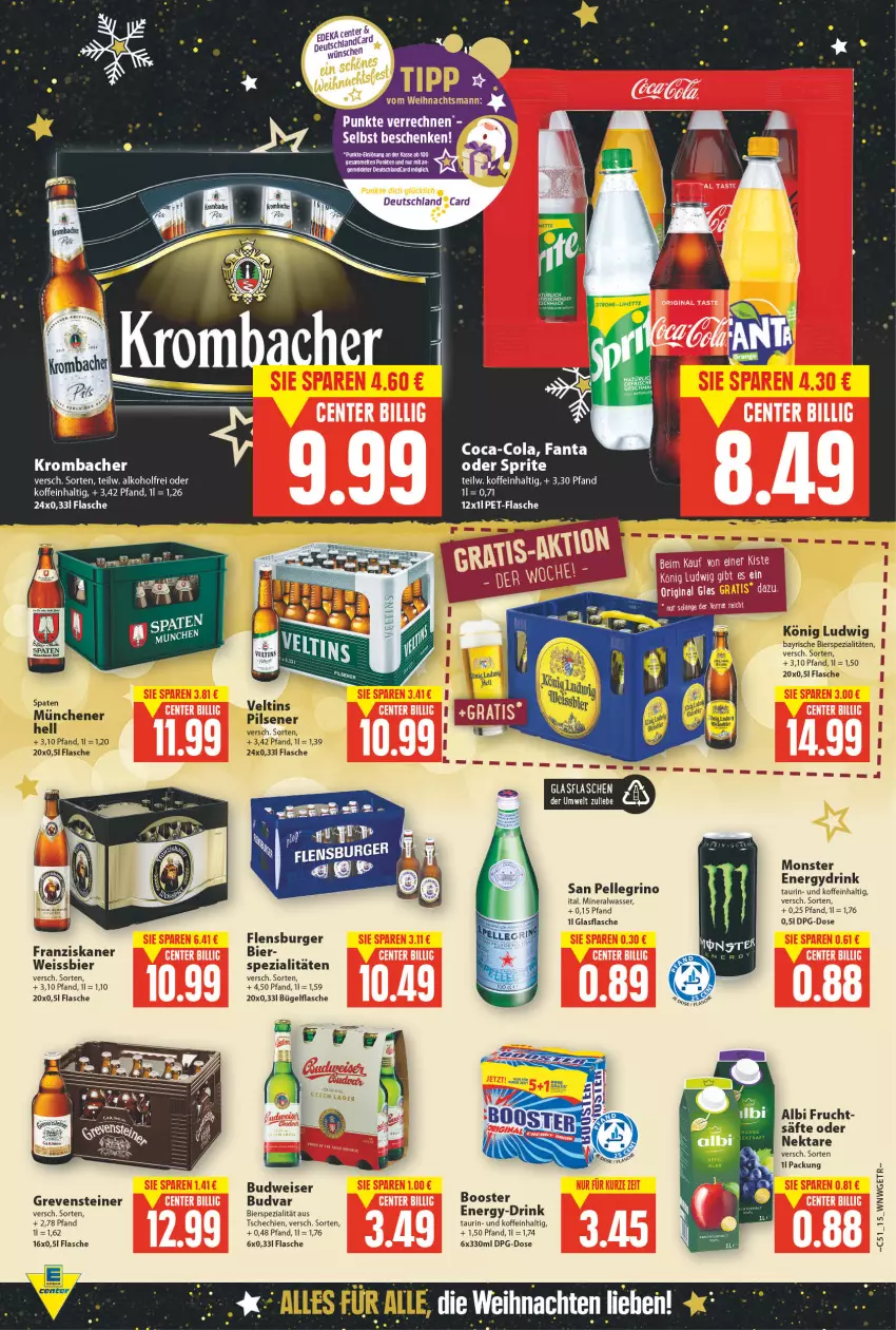 Aktueller Prospekt E Center - Angebote der Woche - von 20.12 bis 25.12.2021 - strona 16 - produkty: alkohol, Alwa, bier, bierspezialitäten, budweiser, bügel, bügelflasche, burger, coca-cola, cola, deutschlandcard, drink, eis, elle, fanta, fanta oder, fanta oder sprite, flasche, flensburger, franziskaner, frucht, glasflasche, grevensteiner, krombache, krombacher, limette, Mett, mineralwasser, monster, Monster Energy, Nektar, oder sprite, pils, pilsener, säfte, san pellegrino, Spaten, Spezi, sprite, steiner, Ti, veltins, veltins pilsener, wasser, weissbier, zitrone