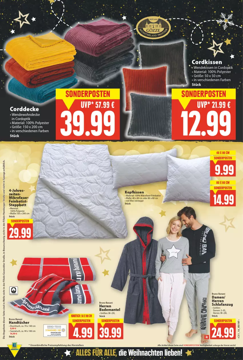 Aktueller Prospekt E Center - Angebote der Woche - von 20.12 bis 25.12.2021 - strona 18 - produkty: angebot, angebote, Bad, Bademantel, bett, braun, bruno banani, burger, decke, duschtuch, eis, elle, hamburger, handtücher, kissen, kopfkissen, Mantel, mikrofaser, reis, Ria, Saunatuch, steppbett, teller, Ti, tuc, tücher