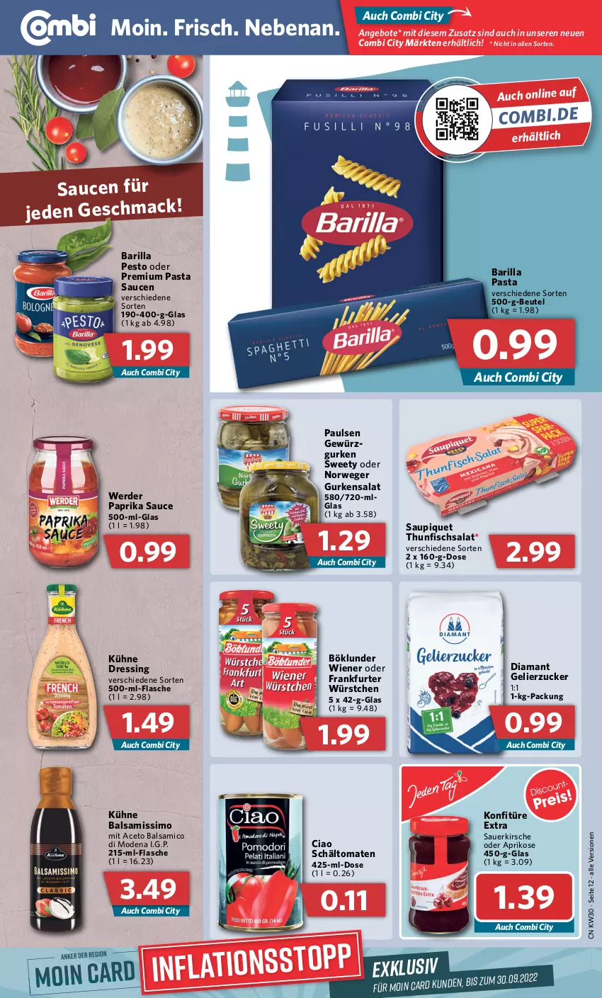 Aktueller Prospekt Combi - Prospekte - von 25.07 bis 30.07.2022 - strona 12 - produkty: aceto, aceto balsamico, angebot, angebote, aprikose, auer, balsam, balsamico, barilla, beutel, böklunder, dressing, erde, fisch, flasche, frankfurter, gelierzucker, gewürz, gurke, gurken, gurkensalat, kirsch, kirsche, konfitüre, konfitüre extra, Kühne, LG, mac, Mode, paprika, pasta, Pasta Sauce, pesto, rwe, salat, sauce, saucen, saupiquet, sim, thunfisch, Thunfischsalat, Ti, tomate, tomaten, wiener, würstchen, zucker