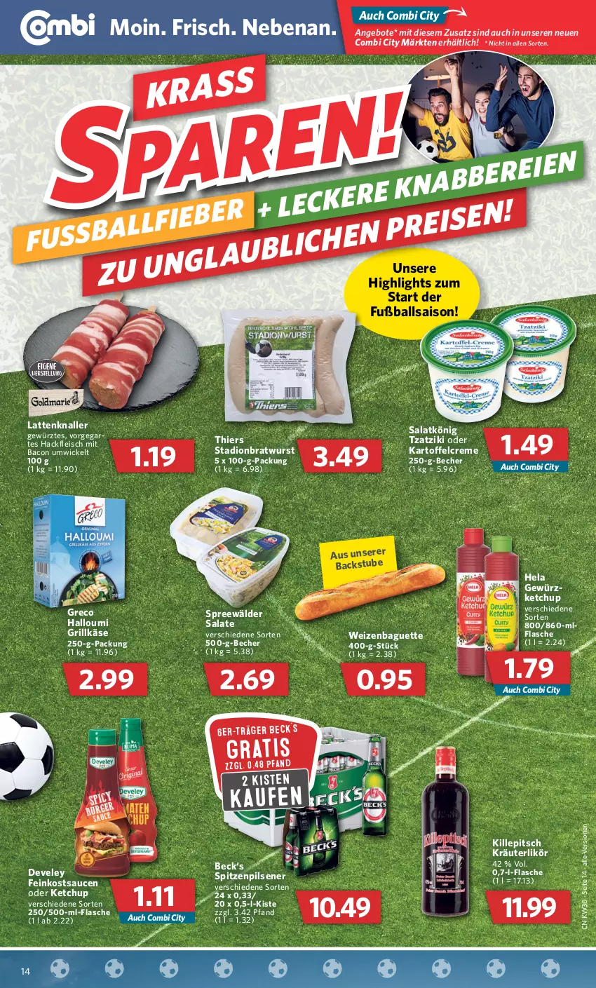 Aktueller Prospekt Combi - Prospekte - von 25.07 bis 30.07.2022 - strona 14 - produkty: angebot, angebote, bacon, baguette, ball, Becher, bratwurst, creme, develey, eis, feinkost, flasche, fleisch, Fußball, gewürz, grill, Grillkäse, hackfleisch, Halloumi, Hela, kartoffel, Käse, ketchup, kräuter, kräuterlikör, latte, likör, pils, pilsener, salat, salate, sauce, saucen, spreewälder, stube, Ti, tzatziki, WICK, wurst, ZTE