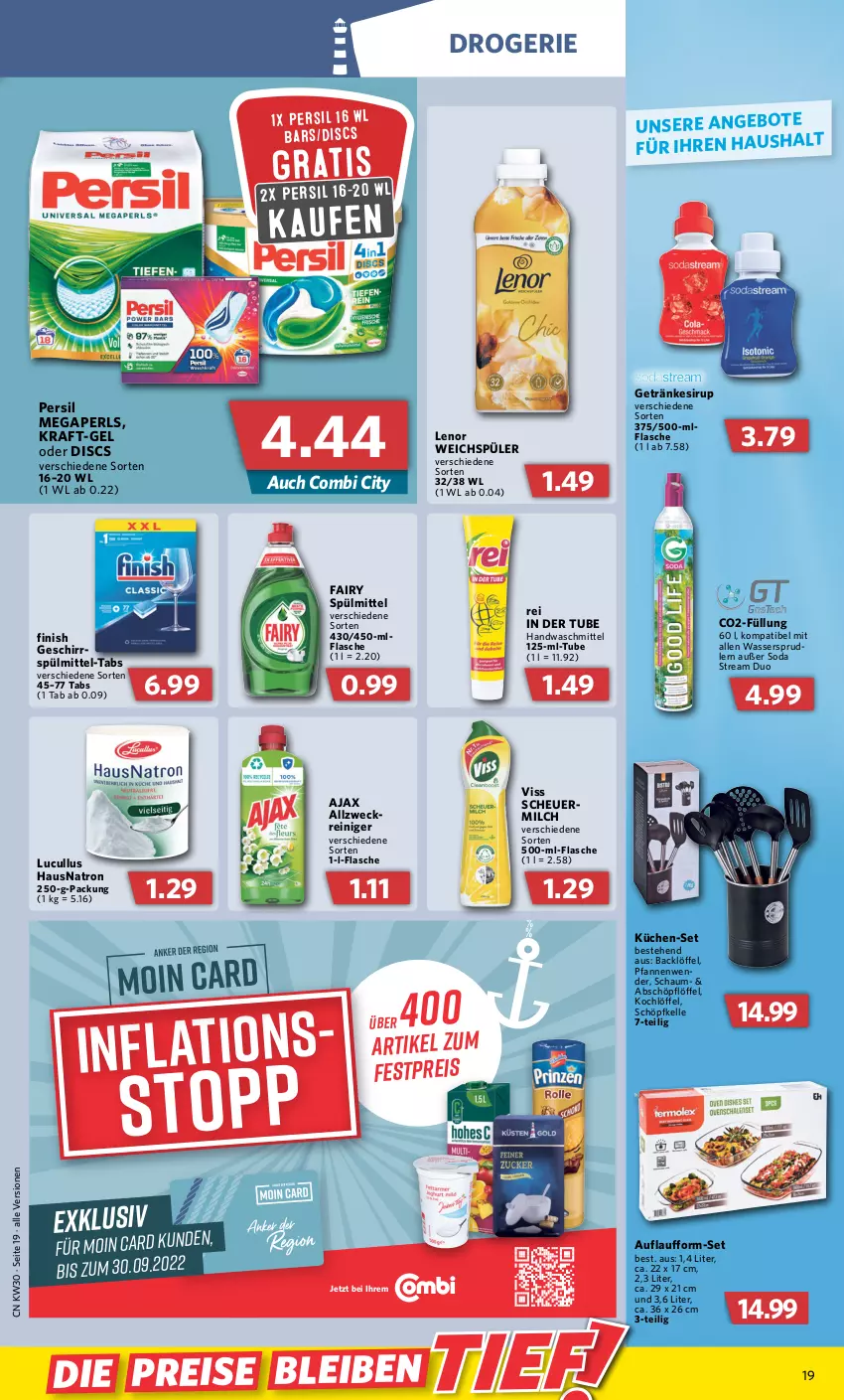 Aktueller Prospekt Combi - Prospekte - von 25.07 bis 30.07.2022 - strona 19 - produkty: ajax, allzweckreiniger, angebot, angebote, eis, elle, fairy, Finish, flasche, geschirr, getränk, getränke, getränkesirup, Heu, Kochlöffel, kraft, küche, Küchen, lenor, lenor weichspüler, Löffel, megaperls, milch, persil, pfanne, pfannen, Pfannenwender, reiniger, reis, scheuermilch, Schöpflöffel, sirup, Soda, spülmittel, Ti, waschmittel, wasser, wassersprudler, weck, weichspüler