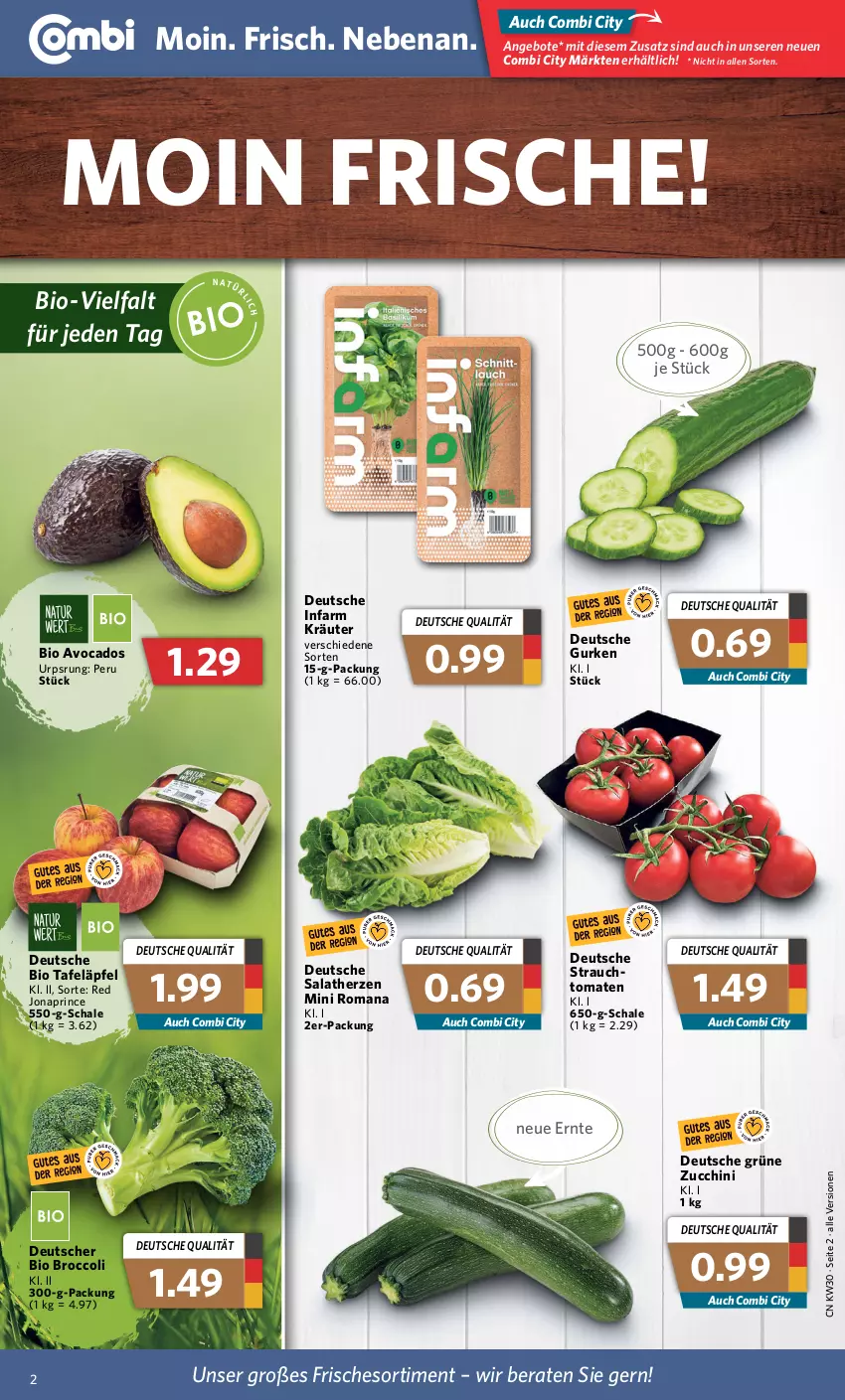 Aktueller Prospekt Combi - Prospekte - von 25.07 bis 30.07.2022 - strona 2 - produkty: angebot, angebote, avocado, avocados, bio, broccoli, gurke, gurken, kräuter, Rauch, salat, salatherzen, Schal, Schale, tafeläpfel, Ti, tomate, tomaten, zucchini