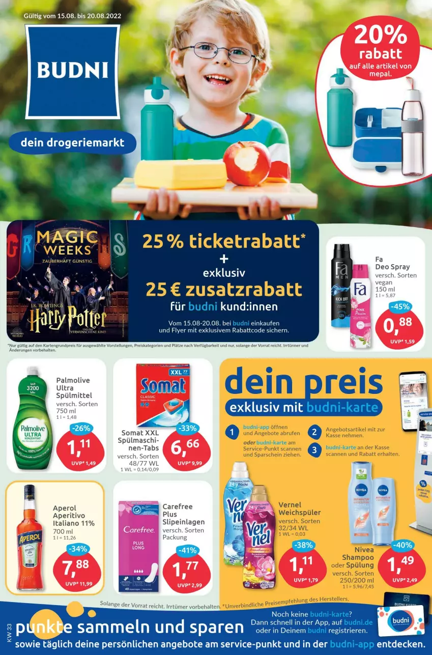 Aktueller Prospekt Budni - Prospekte - von 15.08 bis 20.08.2022 - strona 1 - produkty: angebot, angebote, aperol, Brufen, carefree, decke, eis, elle, nivea, olive, palmolive, reis, shampoo, slip, slipeinlagen, somat, spülmittel, spülung, teller, Ti, vernel