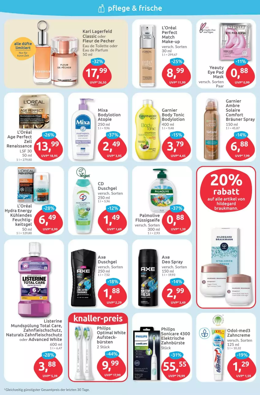 Aktueller Prospekt Budni - Prospekte - von 15.08 bis 20.08.2022 - strona 2 - produkty: Ambre Solaire, aqua, auer, axe, axe duschgel, body, bodylotion, bürste, bürsten, creme, deo, deo spray, duschgel, Eau de parfum, eau de parfum 50 ml, eau de toilette, eis, elektrische zahnbürste, fleisch, flüssigseife, garnier, hyaluron, Karl Lagerfeld, l'oreal, listerine, loreal, Lotion, mac, Make-up, Mixa, mundspülung, natur, natura, Odol, olive, palmolive, parfum, Philips, reis, Revital, Seife, sonicare, spülung, Tasche, Ti, tonic, total care, vita, vitalis, zahnbürste, zahncreme, ZTE