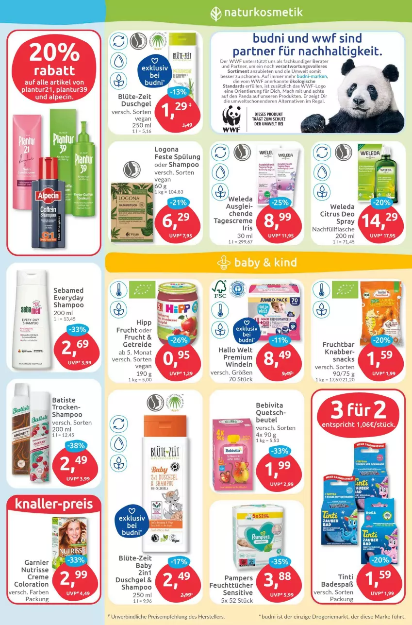 Aktueller Prospekt Budni - Prospekte - von 15.08 bis 20.08.2022 - strona 3 - produkty: alpecin, apfel, Bad, bebivita, beutel, bio, Blüte, cin, citrus, creme, deo, duschgel, eis, elle, energizer, ente, feuchttücher, flasche, frucht, garnier, hipp, jumbo, kosmetik, Kugel, mac, natur, naturkosmetik, Nutrisse, pampers, regal, reis, sebamed, shampoo, snack, snacks, spülung, tagescreme, tee, teller, Ti, tücher, vita, weleda, windeln