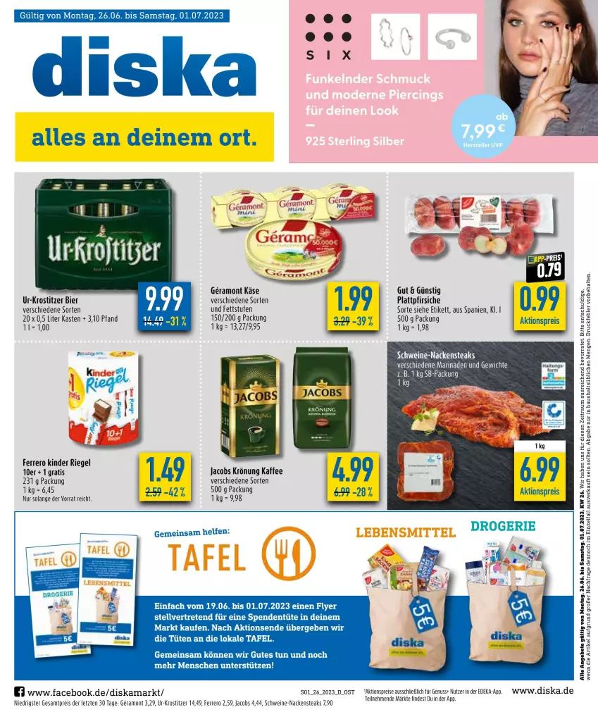 Aktueller Prospekt Diska - Prospekte - von 26.06 bis 01.07.2023 - strona 1 - produkty: aktionspreis, angebot, angebote, bier, deka, eis, ferrero, jacobs, jacobs krönung, kaffee, Käse, Kinder, kinder riegel, marinade, Nackensteak, nackensteaks, nuss, pfirsich, pfirsiche, plattpfirsiche, reis, riegel, schwein, schweine, steak, steaks, Ti, Tüte, wein, weine, ZTE