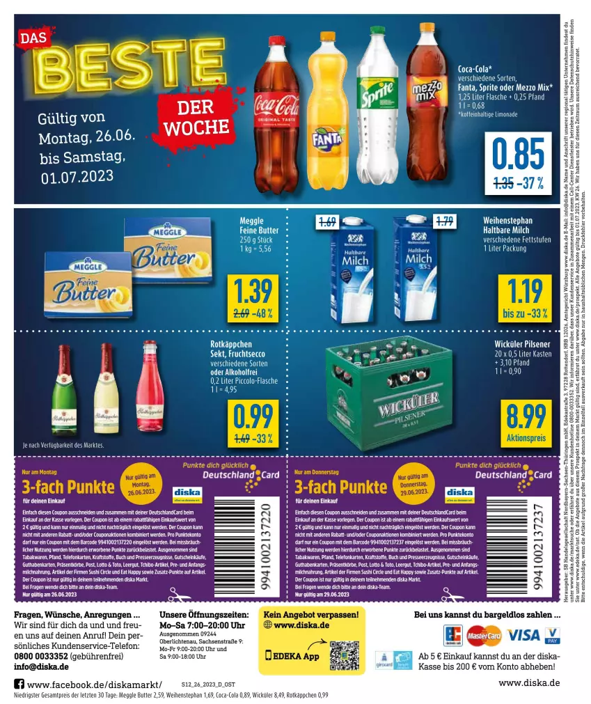 Aktueller Prospekt Diska - Prospekte - von 26.06 bis 01.07.2023 - strona 12 - produkty: aeg, angebot, angebote, beurer, buch, butter, coca-cola, cola, coupon, deka, ecco, eis, ente, erde, fanta, flasche, frucht, fruchtsecco, guthabenkarte, gutschein, haltbare milch, kraft, LG, limo, limonade, meggle, Mezzo Mix, milch, reis, rotkäppchen, sekt, sprite, Tchibo, tee, telefon, Ti, uhr, weihenstephan, WICK, ZTE