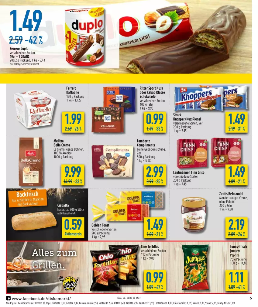 Aktueller Prospekt Diska - Prospekte - von 26.06 bis 01.07.2023 - strona 6 - produkty: aktionspreis, Amber, Belmandel, bohne, bohnen, ciabatta, creme, duplo, eis, Feine Gebäckmischung, ferrero, funny-frisch, gebäckmischung, golden toast, kakao, knoppers, lambertz, mandel, melitta, natur, nuss, nussriegel, ohne palmöl, paprika, raffaello, reis, riegel, ritter, ritter sport, schoko, schokolade, Sport, storck, Ti, toast, tortilla, tortillas, zentis, ZTE