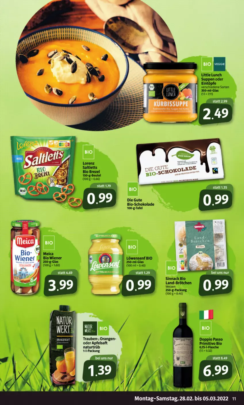 Aktueller Prospekt Markant - Prospekte - von 28.02 bis 05.03.2022 - strona 11 - produkty: apfel, apfelsaft, beutel, bio, brezel, brötchen, doppio passo, flasche, lorenz, meica, natur, orange, orangen, passo, primitivo, saft, saltletts, schoko, schokolade, sinnack, Ti, trauben, wiener