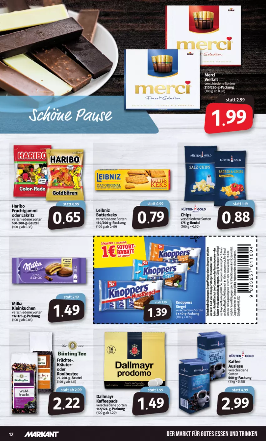 Aktueller Prospekt Markant - Prospekte - von 28.02 bis 05.03.2022 - strona 12 - produkty: beutel, bünting tee, butter, butterkeks, chips, dallmayr, frucht, früchte, fruchtgummi, gutes essen, haribo, kaffee, kaffeepads, keks, kräuter, kuchen, Lakritz, leibniz, milka, oder lakritz, tee, Ti