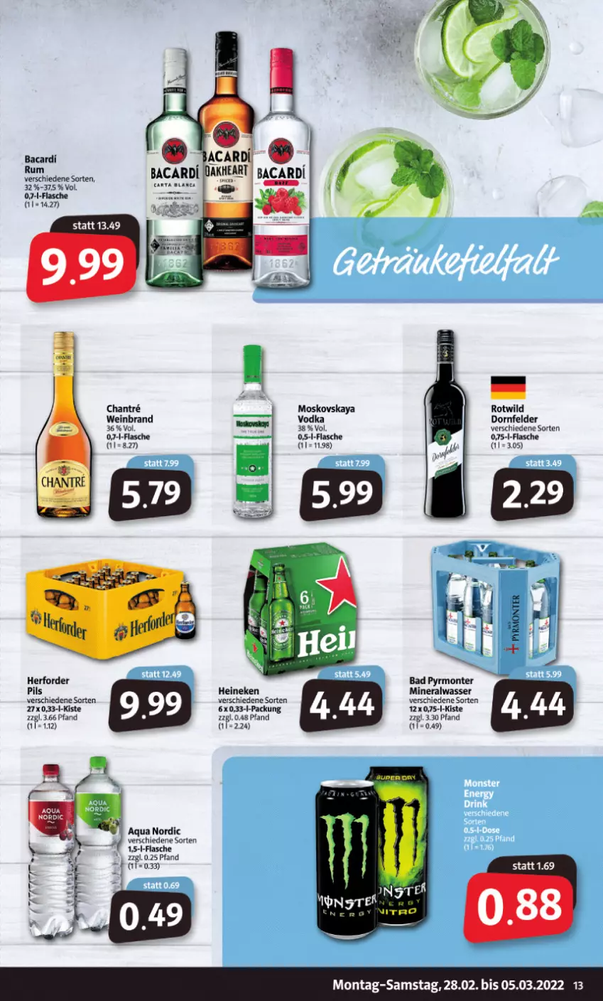 Aktueller Prospekt Markant - Prospekte - von 28.02 bis 05.03.2022 - strona 13 - produkty: Alwa, aqua, bacardi, bacardi rum, Bad, dornfelder, flasche, heineken, mineralwasser, monte, moskovskaya, rum, vodka, wasser, wein, weinbrand, Wild