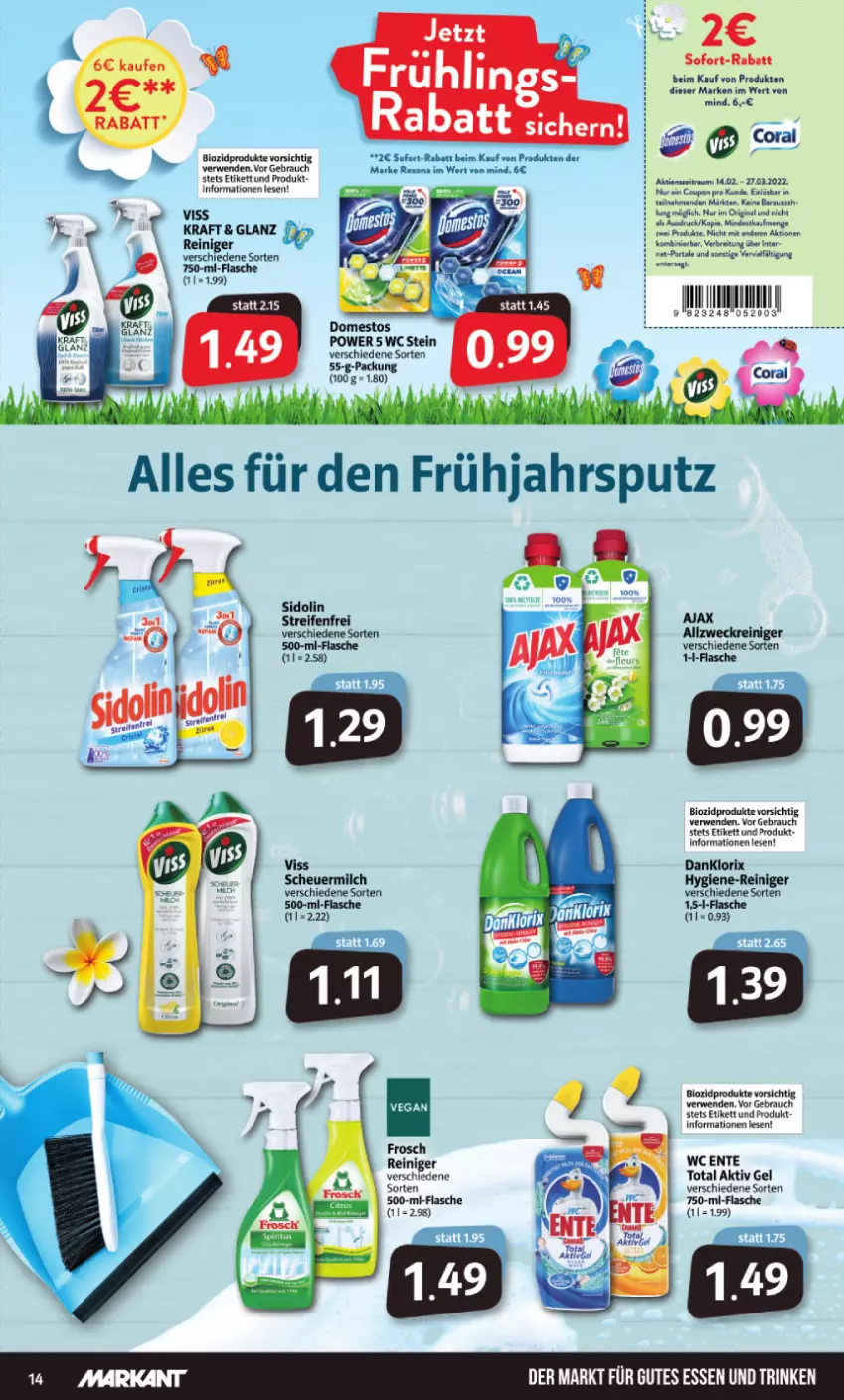 Aktueller Prospekt Markant - Prospekte - von 28.02 bis 05.03.2022 - strona 14 - produkty: ajax, aktiv gel, allzweckreiniger, bio, biozidprodukte, Brei, coupon, danklorix, domestos, ente, flasche, Frosch, gin, gutes essen, kraft, Rauch, reifen, reiniger, rexona, rwe, sofort-rabatt, Ti, weck