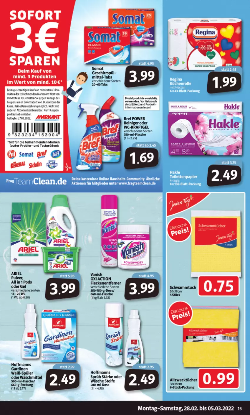 Aktueller Prospekt Markant - Prospekte - von 28.02 bis 05.03.2022 - strona 15 - produkty: ariel, bier, biff, bio, biozidprodukte, Bref, bref power, coupon, coupons, flasche, Fleckenentferner, Gardinen, geschirr, kraft, oxi action, Pods, Rauch, reiniger, rwe, sofortrabatt, somat, Ti, vanish, vanish oxi action, waschmittel