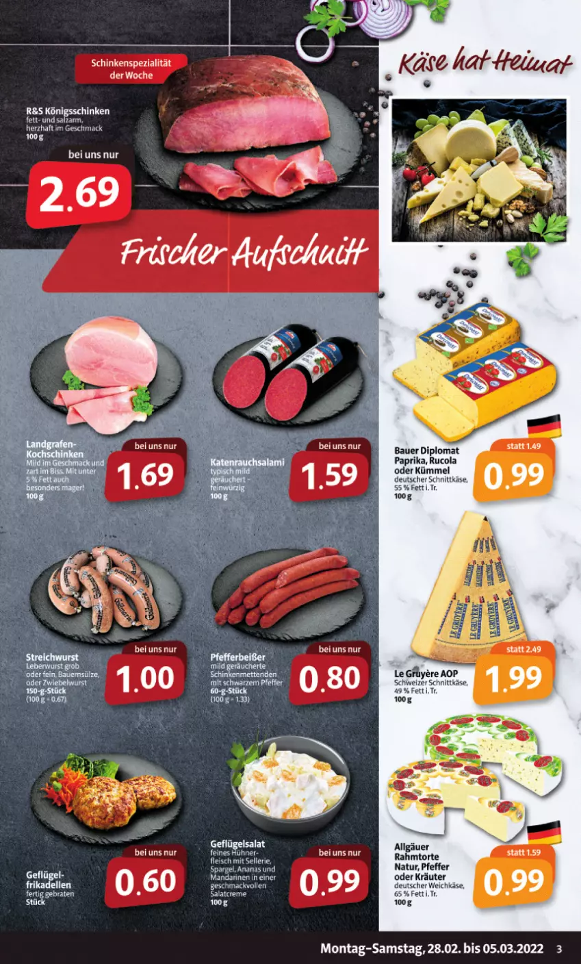 Aktueller Prospekt Markant - Prospekte - von 28.02 bis 05.03.2022 - strona 3 - produkty: ananas, auer, Bau, Bauer, cola, creme, deutscher schnittkäse, deutscher weichkäse, dip, elle, Geflügel, geflügelsalat, Käse, kräuter, LG, mac, natur, oder kräuter, paprika, pfeffer, rucola, salat, salatcreme, schinken, schnittkäse, schweizer schnittkäse, spargel, Spezi, torte, weichkäse