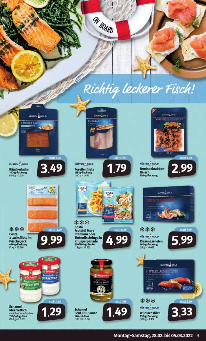 Aktueller Prospekt Markant - Prospekte - von 28.02 bis 05.03.2022 - strona 5 - produkty: beutel, eis, elle, filet, filets, fisch, fleisch, forelle, garnelen, küsten gold, lachs, lachsfilet, lachsfilets, meerrettich, Nordsee, Räucherlachs, rel, Rettich, riesengarnelen, ring, sauce, schamel, senf, Ti, Tintenfischringe, Wild, wildlachs