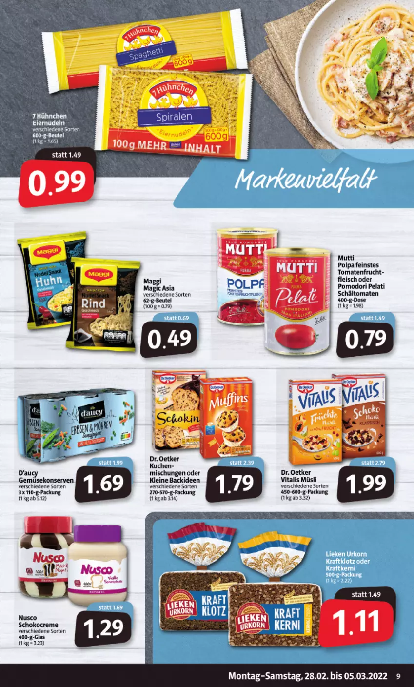 Aktueller Prospekt Markant - Prospekte - von 28.02 bis 05.03.2022 - strona 9 - produkty: beutel, creme, Dr. Oetker, eier, eiernudeln, eis, fleisch, frucht, Gemüsekonserve, Konserven, kuchen, leine, müsli, Mutti, nudel, nudeln, schoko, Ti, tomate, tomaten, vita, vitalis, vitalis müsli