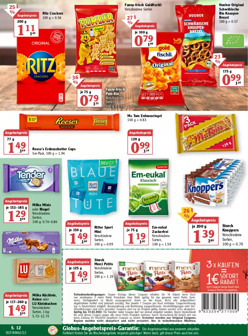 Aktueller Prospekt Globus - Prospekte - von 10.01 bis 15.01.2022 - strona 12 - produkty: angebot, angebote, angebotspreis, bio, brezel, butter, cracker, eis, elle, erdnuss, Erdnussbutter, fisch, funny-frisch, gin, Goldfischli, huober, keks, kekse, knoppers, kuchen, merci, milka, nuss, nussriegel, pom-bär, reis, riegel, ritter, ritter sport, Sport, storck, Ti, zucker