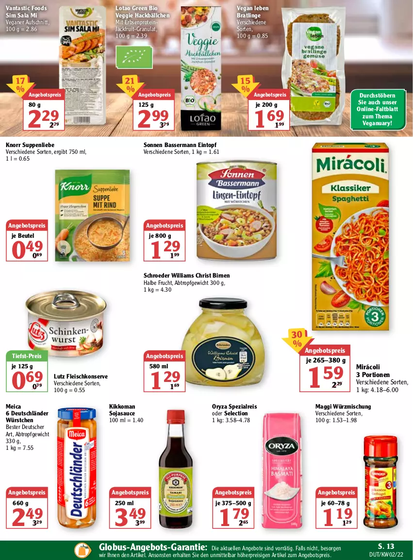 Aktueller Prospekt Globus - Prospekte - von 10.01 bis 15.01.2022 - strona 13 - produkty: angebot, angebote, angebotspreis, asti, aufschnitt, beutel, bio, Birnen, eintopf, eis, elle, erbsen, fleisch, frucht, kikkoman, knorr, maggi, meica, Mirácoli, oryza, reis, sauce, sim, soja, sojasauce, Spezi, suppe, suppen, suppenliebe, Ti, tiefst-preis, topf, veggie, würstchen