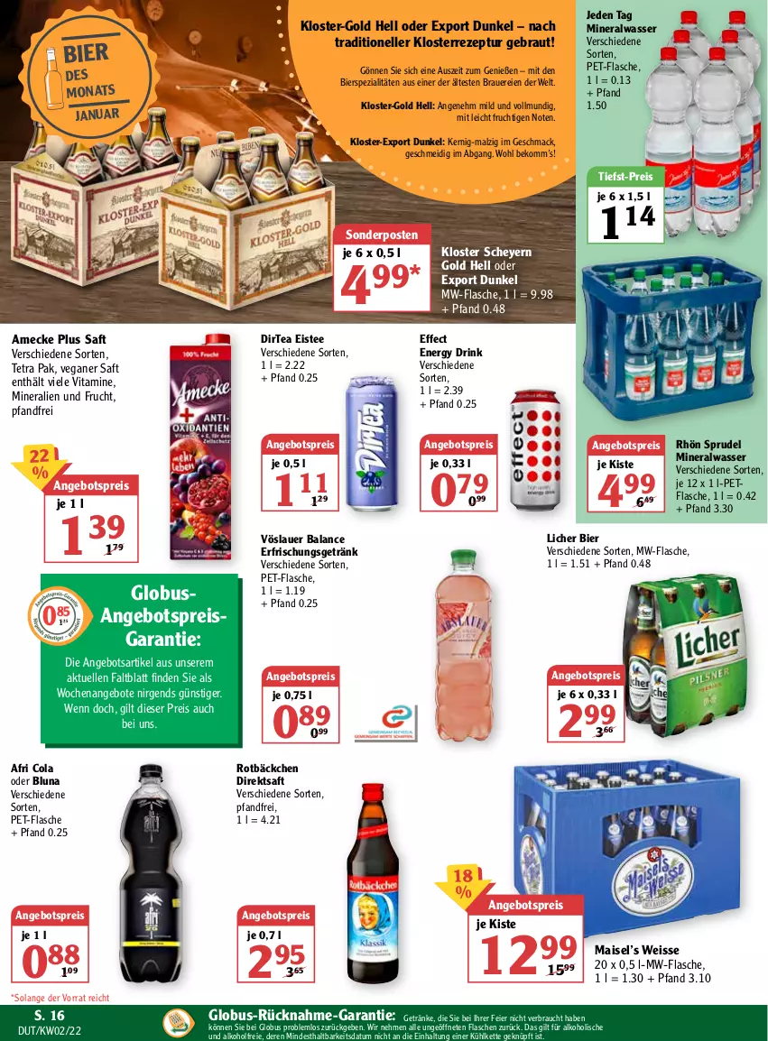 Aktueller Prospekt Globus - Prospekte - von 10.01 bis 15.01.2022 - strona 16 - produkty: Afri Cola, alkohol, Alwa, amecke, angebot, angebote, angebotspreis, auer, beko, bier, bierspezialitäten, cola, direktsaft, drink, Effect, eier, eis, eistee, elle, energy drink, erfrischungsgetränk, flasche, frucht, getränk, getränke, Kette, mac, mais, malz, mineralwasser, mw-flasche, pet-flasche, Rauch, reis, rezept, saft, sonderposten, Spezi, Sprudel, tee, Ti, tiefst-preis, vita, Vitamine, vöslauer, wasser