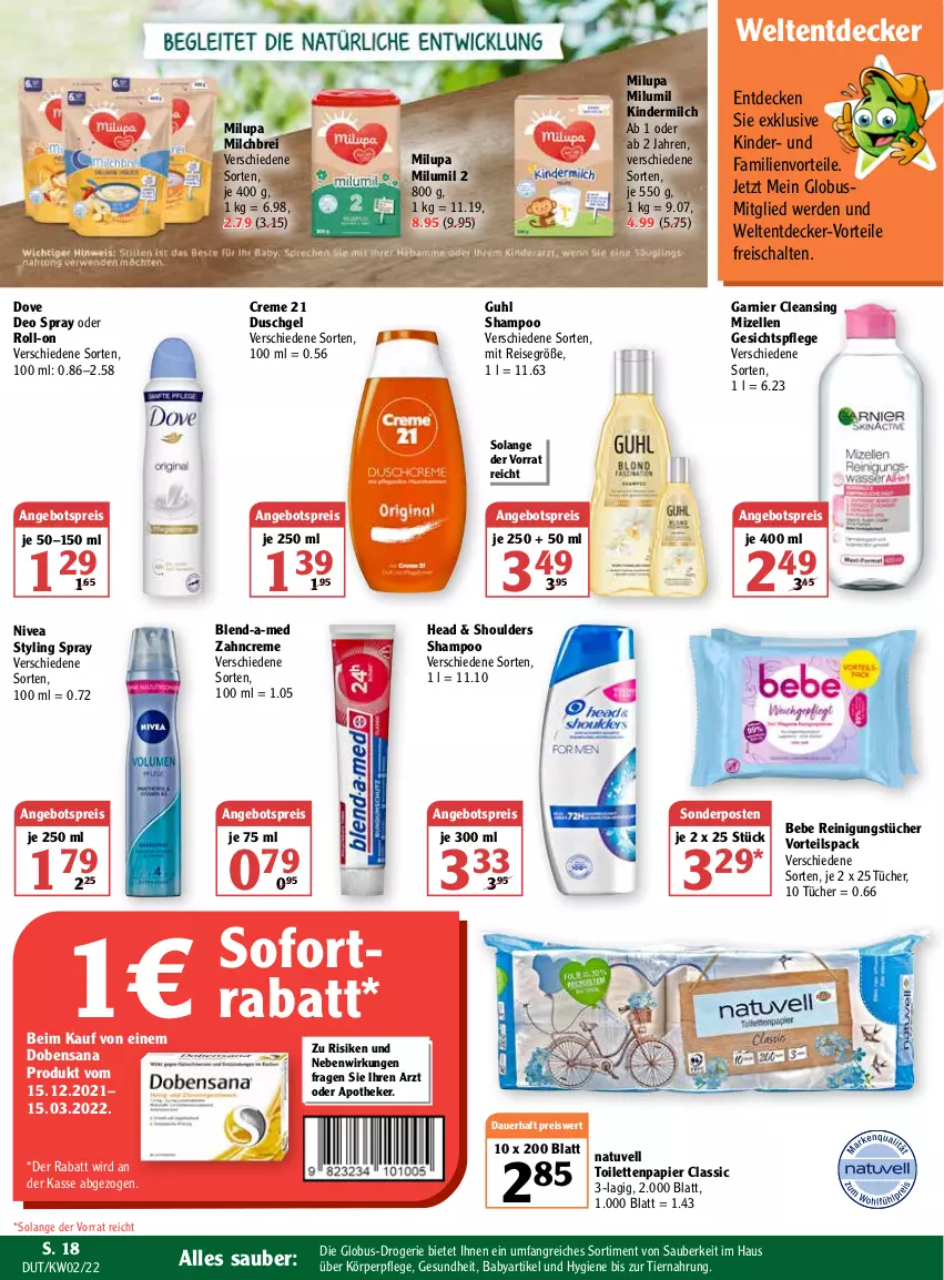 Aktueller Prospekt Globus - Prospekte - von 10.01 bis 15.01.2022 - strona 18 - produkty: angebot, angebotspreis, Apotheke, auer, Bebe, blend-a-med, Brei, creme, decke, deo, deo spray, dove, duschgel, eis, elle, erde, garnier, gesichtspflege, Gesundheit, Guhl, Kinder, kindermilch, körperpflege, milch, milupa, mizellen, nivea, papier, Reinigung, reinigungstücher, reis, roll-on, sana, Schal, shampoo, sofortrabatt, sonderposten, Ti, tiernahrung, toilettenpapier, tücher, zahncreme