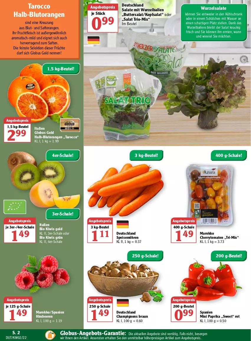 Aktueller Prospekt Globus - Prospekte - von 10.01 bis 15.01.2022 - strona 2 - produkty: angebot, angebote, angebotspreis, ball, beere, beeren, beutel, bio, Blutorange, braun, butter, champignon, champignons, champignons braun, cherrytomaten, eis, elle, fleisch, frucht, früchte, fruchtfleisch, himbeer, himbeere, himbeeren, kiwi, kopfsalat, kühlschrank, möhren, orange, orangen, paprika, reis, saft, Saftorangen, salat, salate, Schal, Schale, Schrank, speisemöhren, Ti, tisch, tomate, tomaten, wasser