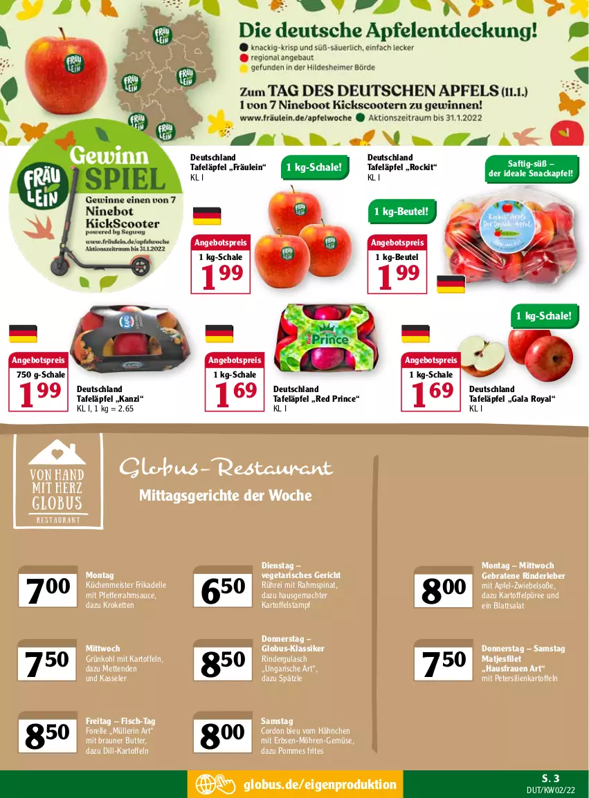 Aktueller Prospekt Globus - Prospekte - von 10.01 bis 15.01.2022 - strona 3 - produkty: angebot, angebotspreis, apfel, beutel, braten, braun, butter, cordon bleu, dell, eis, elle, erbsen, filet, fisch, forelle, gulasch, kartoffel, kartoffeln, Kartoffelpüree, kasseler, Kette, Kroketten, küche, Küchen, mac, matjes, Matjesfilet, Meister, Mett, metten, Mettenden, möhren, Müller, müllerin art, petersilie, pfeffer, pommes, Pommes Frites, püree, reis, rel, rind, rinder, rindergulasch, Rinderleber, saft, salat, sauce, Schal, Schale, snack, Soße, spinat, tafeläpfel, Ti, Vegeta, zwiebel