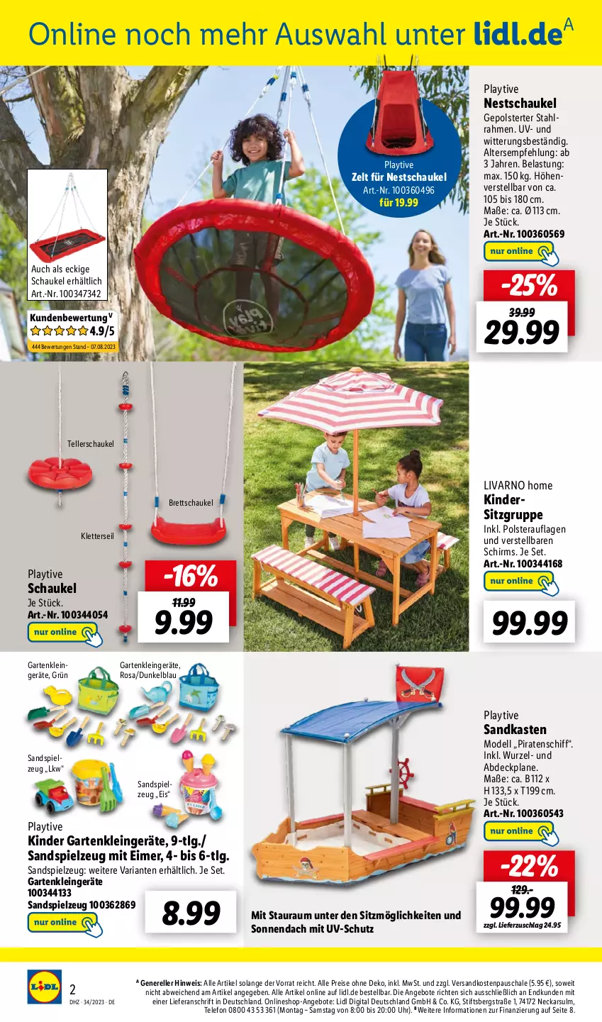 Aktueller Prospekt Lidl - Wochen-Highlights im Onlineshop - von 21.08 bis 27.08.2023 - strona 2 - produkty: abdeckplane, angebot, angebote, dell, eimer, eis, elle, Garten, Kinder, Kindersitz, LG, Mode, ndk, reis, rel, Ria, Sandkasten, Sandspielzeug, Schal, Schale, Schaukel, spielzeug, telefon, teller, Ti, uhr, uv-schutz, Zelt