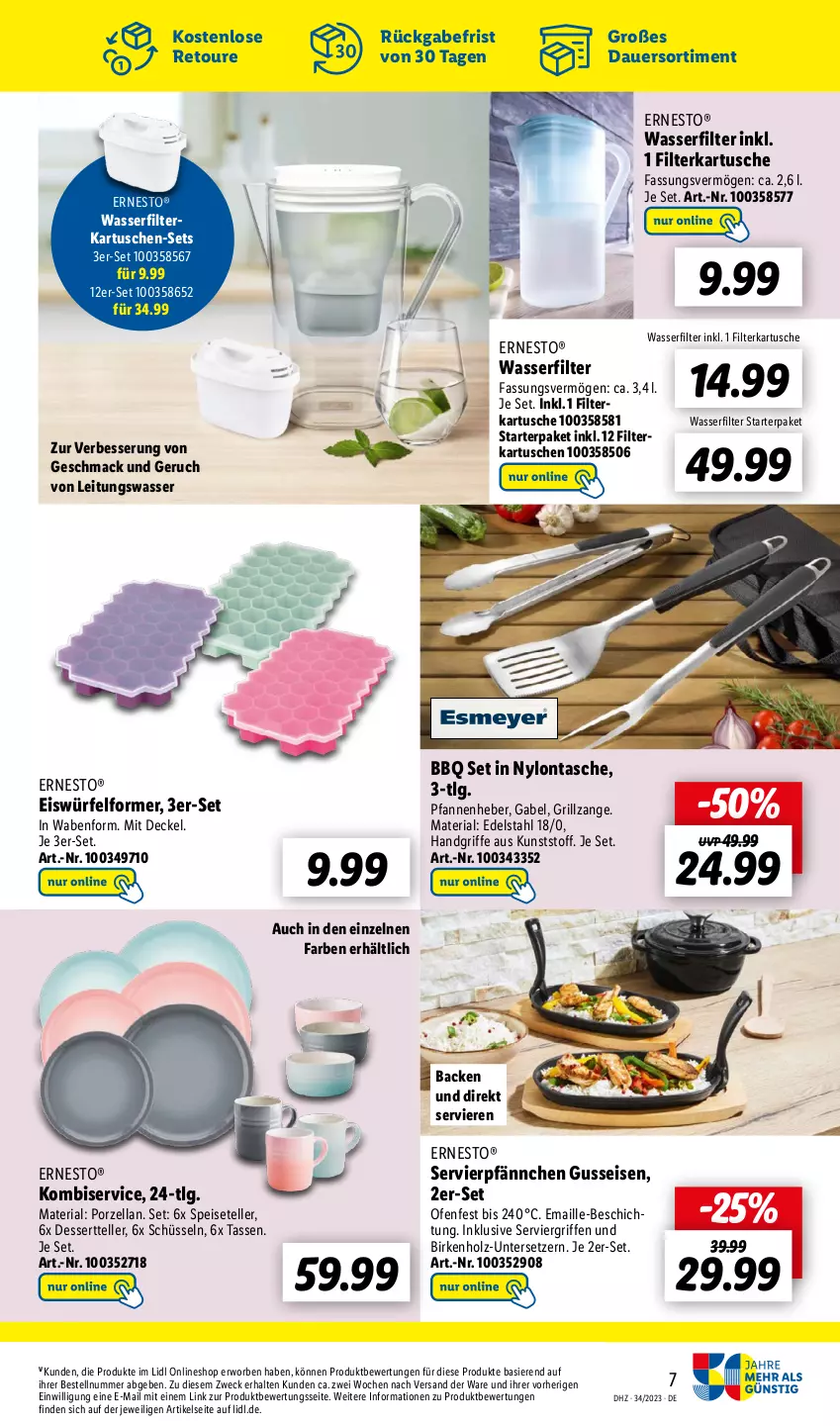 Aktueller Prospekt Lidl - Wochen-Highlights im Onlineshop - von 21.08 bis 27.08.2023 - strona 7 - produkty: auer, decke, Deckel, dessert, Dessertteller, edelstahl, eis, eiswürfel, elle, ernesto, filterkartuschen, gabel, grill, grillzange, gsw, Holz, Kombiservice, korb, LG, mac, maille, Ofen, pfanne, pfannen, Ria, schüssel, Speiseteller, Tasche, tasse, teller, Ti, Untersetzer, wasser, wasserfilter, weck, würfel