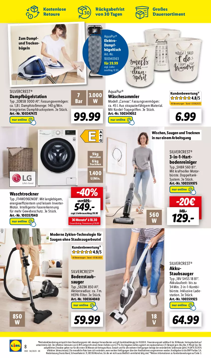 Aktueller Prospekt Lidl - Wochen-Highlights im Onlineshop - von 21.08 bis 27.08.2023 - strona 8 - produkty: akku, aqua, AquaPur, auer, beutel, bodenstaubsauger, bügel, Bügelstation, bügeltisch, bürste, dampfbügelstation, dell, eis, Elektro, elle, ente, erde, Hartbodenreiniger, Intel, kraft, Mode, ndk, reiniger, reis, Ria, silvercrest, staubsauger, staubsaugerbeutel, Ti, tisch, tragegriff, Trockner, waschtrockner