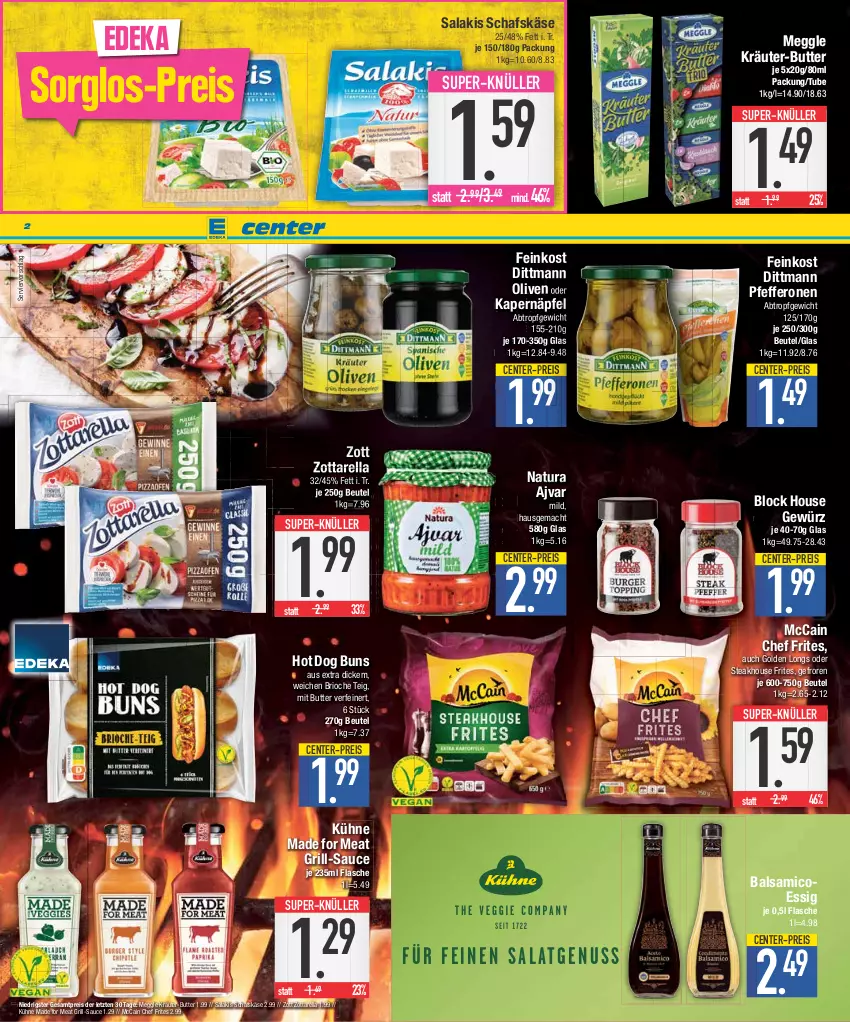 Aktueller Prospekt E Center - Angebote der Woche - von 26.06 bis 01.07.2023 - strona 2 - produkty: Ajvar, balsam, balsamico, beutel, burger, butter, deka, dittmann, eis, ente, erde, essig, feinkost, flasche, gewürz, Golden Longs, grill, hot dog, Hot Dog Buns, Käse, kräuter, kräuter-butter, Kühne, mac, mccain, meggle, natur, natura, nuss, olive, oliven, pfeffer, pfefferonen, reis, rel, salakis, sauce, schafskäse, steak, super-knüller, Ti, zott, zottarella, ZTE