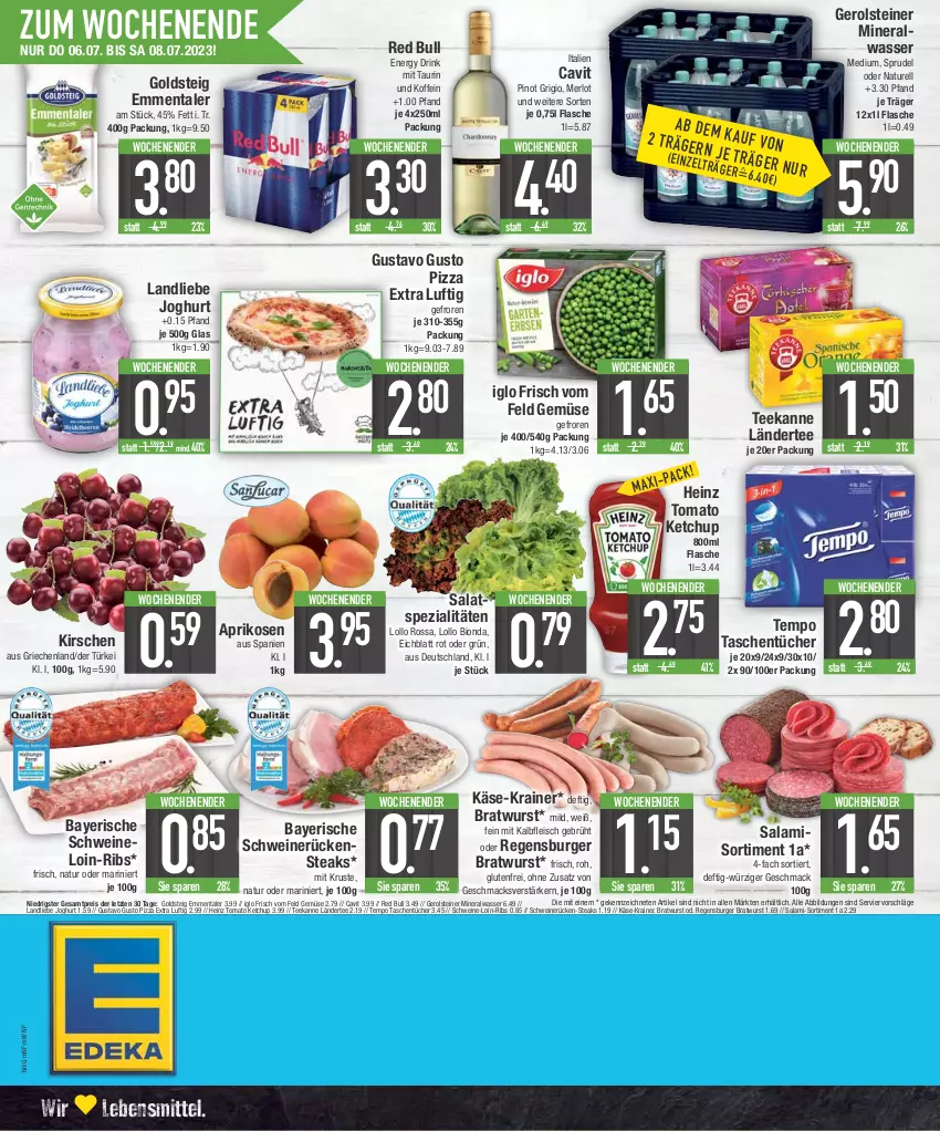 Aktueller Prospekt E Center - Angebote der Woche - von 26.06 bis 01.07.2023 - strona 20 - produkty: Alwa, aprikose, aprikosen, bio, bratwurst, burger, drink, eis, emmentaler, energy drink, flasche, fleisch, gerolsteine, gerolsteiner, goldsteig, heinz, iglo, joghur, joghurt, Kalbfleisch, Käse, ketchup, kirsch, kirsche, kirschen, Ländertee, landliebe, landliebe joghurt, lebensmittel, mac, merl, merlot, mineralwasser, mit kalbfleisch, natur, Pinot, pinot grigio, pizza, red bull, regensburger, reis, rel, Rückensteak, rückensteaks, salami, salat, schwein, schweine, schweinerücken, Spezi, Sprudel, steak, steaks, steiner, Tasche, taschen, taschentücher, tee, teekanne, Tempo, Ti, tomato ketchup, tücher, wasser, wein, weine, wurst, ZTE