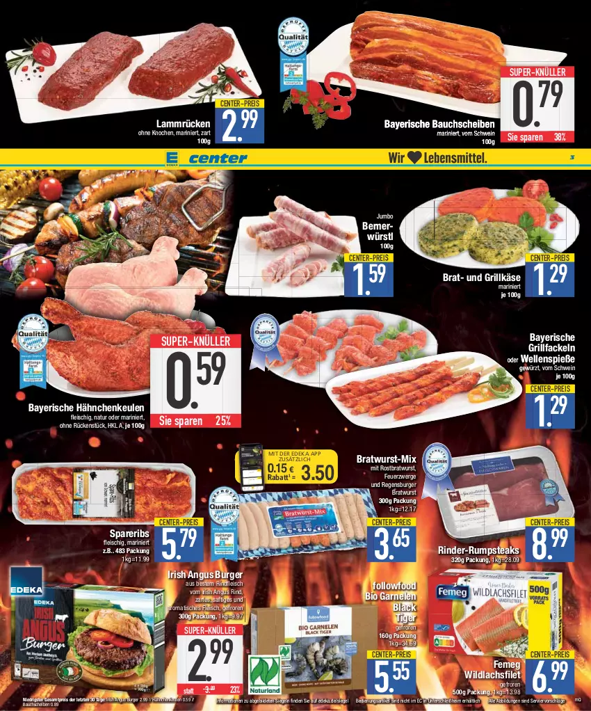 Aktueller Prospekt E Center - Angebote der Woche - von 26.06 bis 01.07.2023 - strona 3 - produkty: Bau, bauchscheiben, Bernerwürstl, bio, bratwurst, burger, coupon, deka, eis, elle, ente, femeg, filet, fleisch, garnelen, gewürz, grill, grillfackeln, Grillkäse, jumbo, Käse, lachs, lachsfilet, lack, lamm, Lammrücken, natur, nuss, regensburger, reis, rind, rinder, rinder-rumpsteak, rindfleisch, rostbratwurst, rum, rumpsteak, saft, schwein, spareribs, steak, steaks, super-knüller, Ti, tisch, wein, Wild, wildlachs, wurst, ZTE