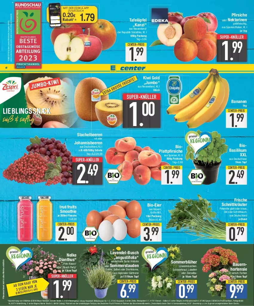 Aktueller Prospekt E Center - Angebote der Woche - von 26.06 bis 01.07.2023 - strona 6 - produkty: Abtei, Astra, auer, banane, bananen, basilikum, Bau, Bauer, beere, beeren, bio, blume, coupon, dahlie, deka, eier, eis, Elan, ente, flasche, fleisch, frucht, Garten, hortensie, johannisbeere, Johannisbeeren, jumbo, kiwi, Kiwi Gold, Kraut, kräuter, lavendel, lebensmittel, Lobelie, Nektar, nektarinen, nuss, obst, petersilie, pfirsich, pfirsiche, pflanze, pflanzen, plattpfirsiche, reis, ring, rosen, Schal, Schale, schnittlauch, smoothie, snack, speyer, Stachelbeeren, stauden, Stiegl, Strohblume, super-knüller, tafeläpfel, Ti, topf, wagner, Wild