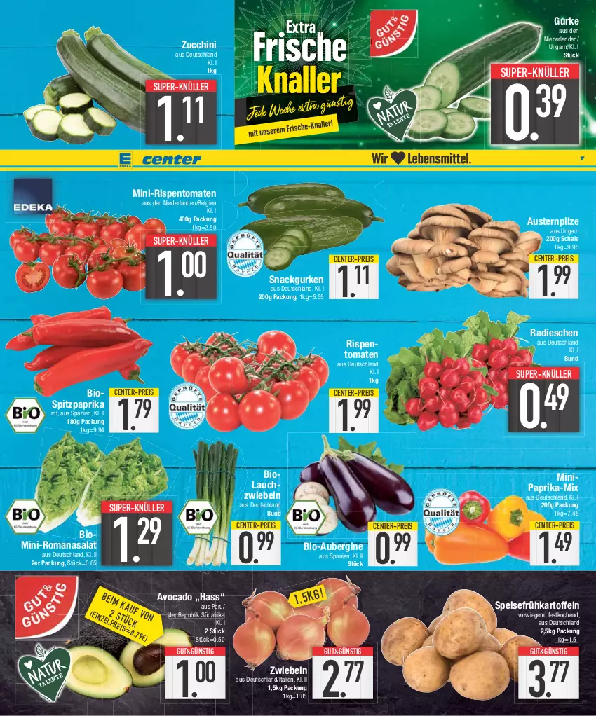 Aktueller Prospekt E Center - Angebote der Woche - von 26.06 bis 01.07.2023 - strona 7 - produkty: aubergine, aust, Austern, avocado, bio, eis, ente, Frühkartoffeln, gin, gurke, gurken, kartoffel, kartoffeln, Lauchzwiebel, lauchzwiebeln, LG, mini-rispentomaten, paprika, paprika rot, pilze, radieschen, reis, rispentomaten, Romanasalat, salat, Schal, Schale, snack, speisefrühkartoffeln, Spitzpaprika, super-knüller, Ti, tomate, tomaten, zucchini, zwiebel, zwiebeln