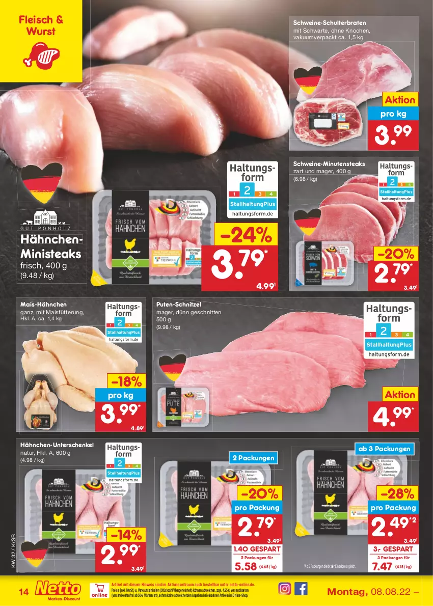 Aktueller Prospekt Netto Marken-Discount - Filial-Angebote - von 08.08 bis 13.08.2022 - strona 14 - produkty: braten, eis, fleisch, henkel, mais, minutensteaks, natur, ndk, pute, reis, schenkel, schnitten, schnitzel, schwein, schweine, steak, steaks, Ti, versandkostenfrei, wein, weine, wurst