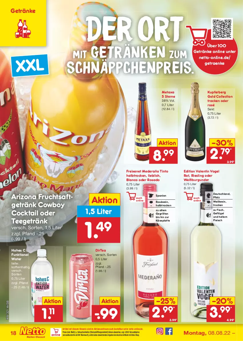 Aktueller Prospekt Netto Marken-Discount - Filial-Angebote - von 08.08 bis 13.08.2022 - strona 18 - produkty: burgunder, cocktail, eis, elle, fisch, fleisch, freixenet, frucht, fruchtsaft, fruchtsaftgetränk, Geflügel, getränk, getränke, grill, Hohes C, Käse, latte, Metaxa, ndk, reis, riesling, roséwein, saft, schnäppchen, sekt, tee, Ti, versandkostenfrei, wein, Weißburgunder, Weißwein